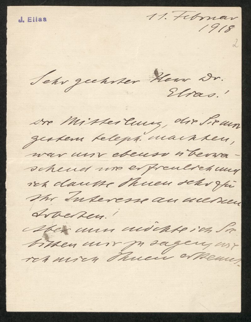 Handschriftlicher Brief von Käthe Kollwitz an Julius Elias. Oben rechts: datiert mit 11. Februar 1918