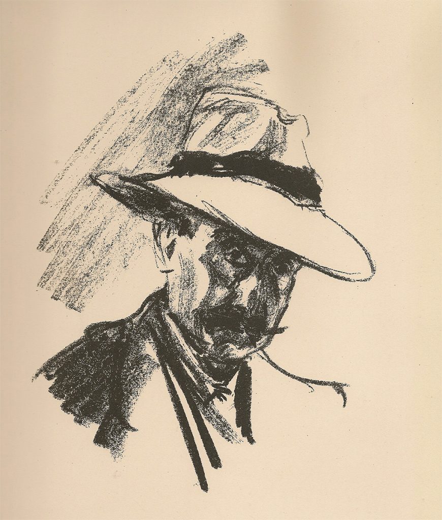 Zu sehen ist ein Selbstporträt von Max Liebermann. Die Kohlezeichnung zeigt den Maler mit Hut und Schnurrbart. Kritisch und mit hochgezogener Augenbraue blickt er den Betrachter direkt an.