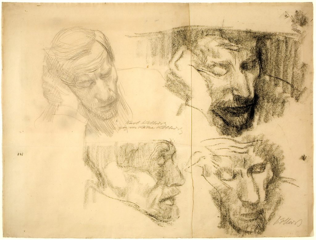 Vier Studien von Karl Kollwitz, dösend, von 1940. Mit seiner rechten Hand stützt er seinen Kopf ab. Unten rechts signiert: Kollwitz. In der Blattmitte, zwischen den Studien, signiert: Karl Kollwitz. gez. von Käthe Kollwitz