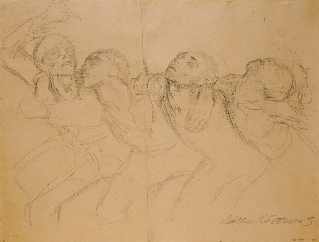 Studie von 1920. Vier Figuren, bestehend aus dem trommelschlagenden Tod und drei jungen Männern. Sie fassen sich gegenseitig um die Schultern und folgen dem Tod. Sie wirken entrückt; scheinen sich in einem Trancezustand zu befinden. Rechts unten signiert: Käthe Kollwitz