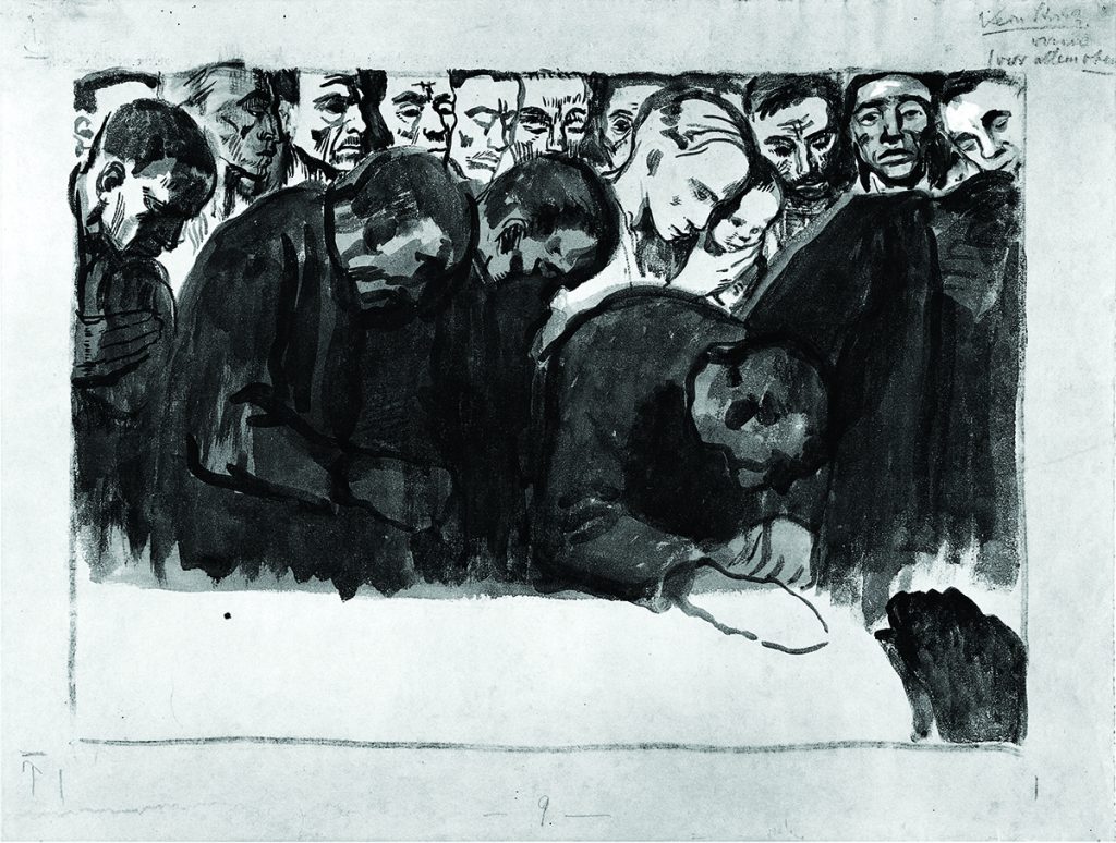 Korrekturvermerke auf der rechten Blattseite außerhalb des Bildmotivs. Mehrere mit Bleistift notierte Strich-Markierungen und Pfeile.