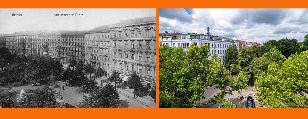 Eine historische und eine zeitgenössische Fotografie nebeneinander gestellt, vom Kollwitzplatz aus der Vogelperspektive.