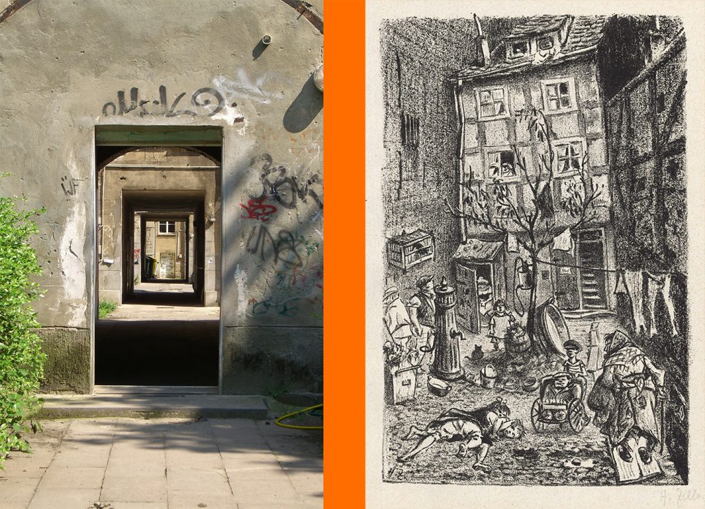 Berliner Hinterhöfe in einem Foto von 2007 und einer Illustration von Heinrich Zille 1919