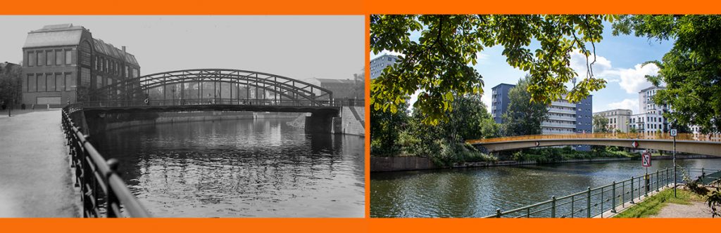 Blick über die Spree mit Neubauten am Siegmundshof, Berlin, damals und heute